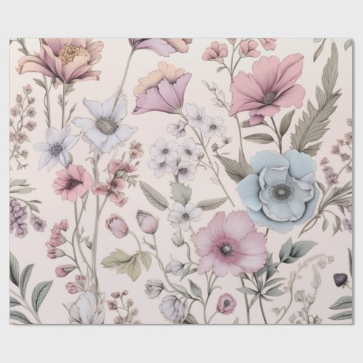 Roze & Blauw bloemontwerp inpakpapier (Vlak)