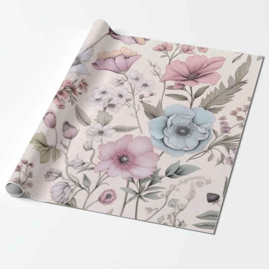 Roze & Blauw bloemontwerp inpakpapier (Uitgerold)