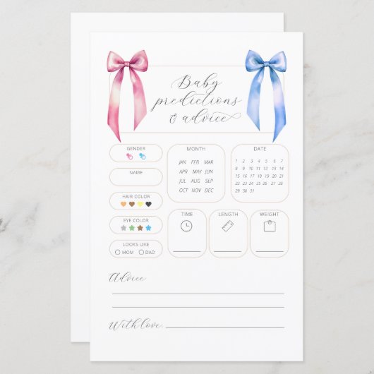 Roze Blauw Boog Voorspellingen Advies Baby shower  (Voorkant / Achterkant)