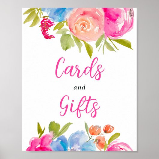 Roze blauw chique Boho floral waterverf bruidsbord Poster (Voorkant)