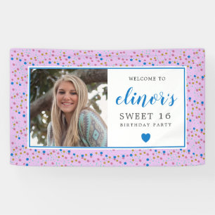 Roze Blauw Confetti Foto Sweet 16 Welkom Spandoek