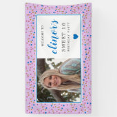 Roze Blauw Confetti Foto Sweet 16 Welkom Spandoek (Verticaal)