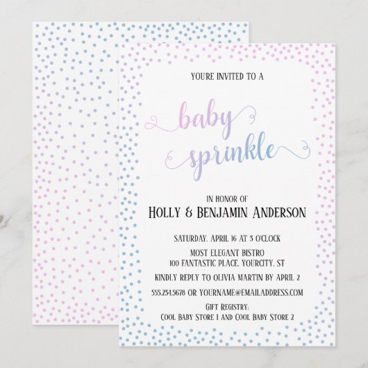 Roze Blauw Confetti Typografie Baby Sprinkle Kaart (Voorkant / Achterkant)