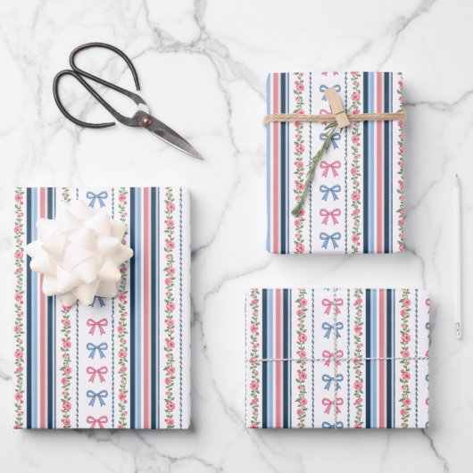 Roze Blauw Coquette Strik Baby Bruidsfeest Verjaar Inpakpapier Vel (Voorkant)