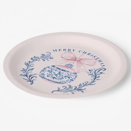 Roze & Blauw Damask Crest Kerst Ornament Papieren Bordje (Gekanteld)