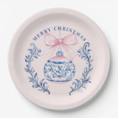 Roze & Blauw Damask Crest Kerst Ornament Papieren Bordje (Voorkant)