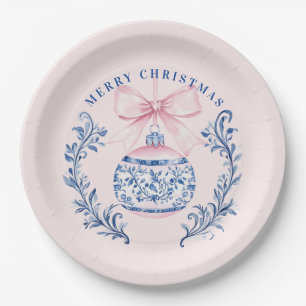 Roze & Blauw Damask Crest Kerst Ornament Papieren Bordje