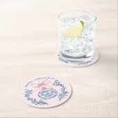 Roze & Blauw Damask Crest Kerst Ornament Ronde Kartonnen Onderzetter (Insitu)