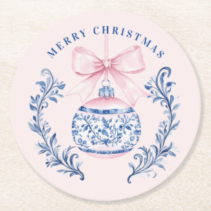 Roze & Blauw Damask Crest Kerst Ornament Ronde Kartonnen Onderzetter
