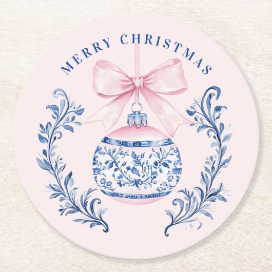 Roze & Blauw Damask Crest Kerst Ornament Ronde Kartonnen Onderzetter (Voorkant)