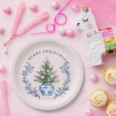 Roze & Blauw Damask Crest Kerstboom Papieren Bordje (Feest)