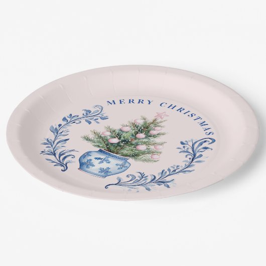 Roze & Blauw Damask Crest Kerstboom Papieren Bordje (Gekanteld)