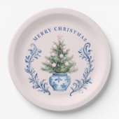 Roze & Blauw Damask Crest Kerstboom Papieren Bordje (Voorkant)