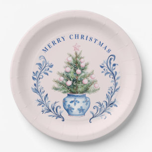 Roze & Blauw Damask Crest Kerstboom Papieren Bordje