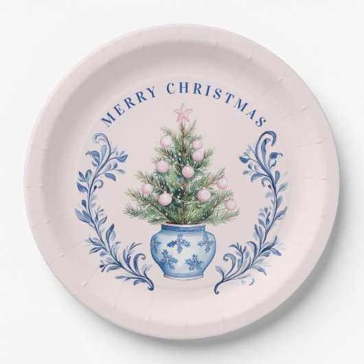 Roze & Blauw Damask Crest Kerstboom Papieren Bordje (Voorkant)