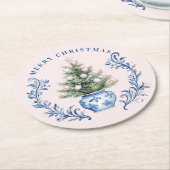 Roze & Blauw Damask Crest Kerstboom Ronde Kartonnen Onderzetter (Gebogen)