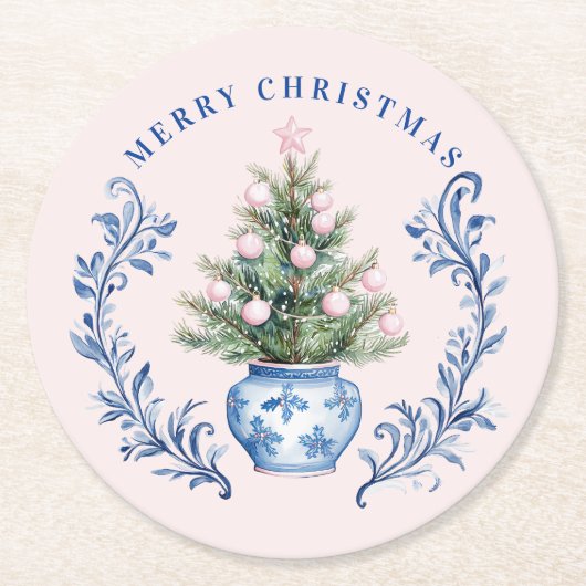 Roze & Blauw Damask Crest Kerstboom Ronde Kartonnen Onderzetter (Voorkant)