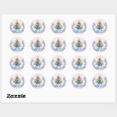 Roze & Blauw Damask Crest Kerstboom Ronde Sticker (Vel)