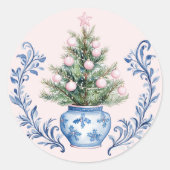 Roze & Blauw Damask Crest Kerstboom Ronde Sticker (Voorkant)