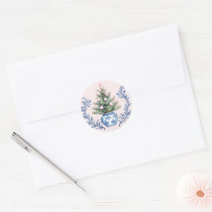 Roze & Blauw Damask Crest Kerstboom Ronde Sticker