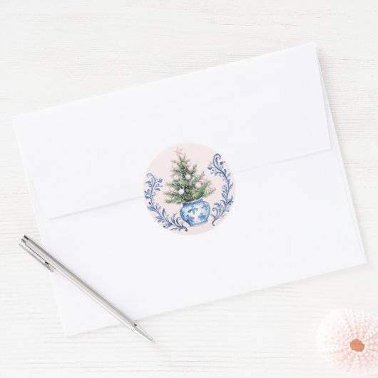 Roze & Blauw Damask Crest Kerstboom Ronde Sticker (Envelop)