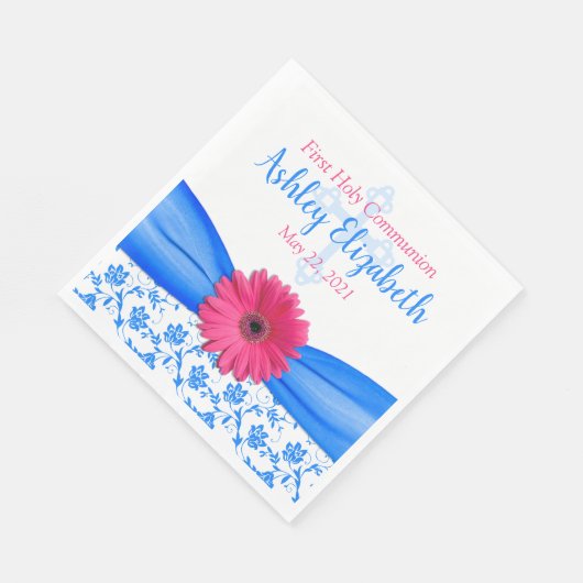 Roze Blauw Damask Daisy Eerste Communie Papier Bor Servet (Hoek)