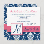 Roze blauw Damask Monogram opslaan Datum kaart (Voorkant / Achterkant)