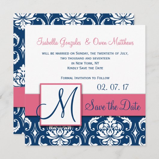 Roze blauw Damask Monogram opslaan Datum kaart (Voorkant / Achterkant)