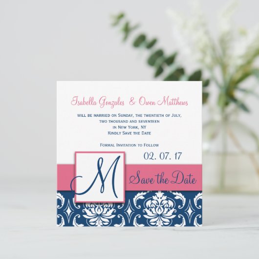 Roze blauw Damask Monogram opslaan Datum kaart (Staand voorkant)
