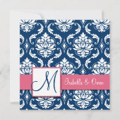 Roze blauw Damask Monogram opslaan Datum kaart (Achterkant)