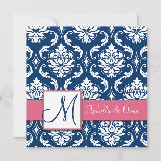 Roze blauw Damask Monogram opslaan Datum kaart (Achterkant)