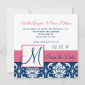 Roze blauw Damask Monogram opslaan Datum kaart (Voorkant)