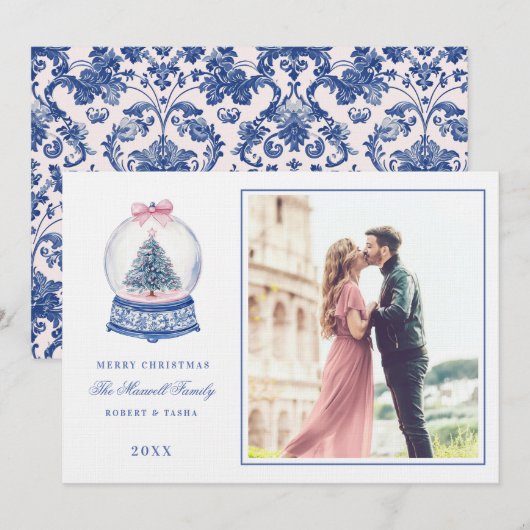 Roze & Blauw Damask Snow Wereldbol w / Foto Kaart (Voorkant / Achterkant)