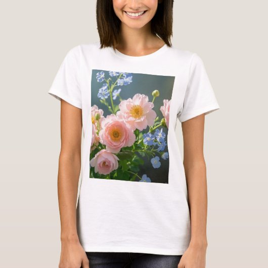 Roze Blauw delicate bloemen T-shirt (Voorkant)