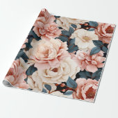 Roze Blauw Elegant bloemenpatroon Blush Cadeaupapier (Uitgerold)