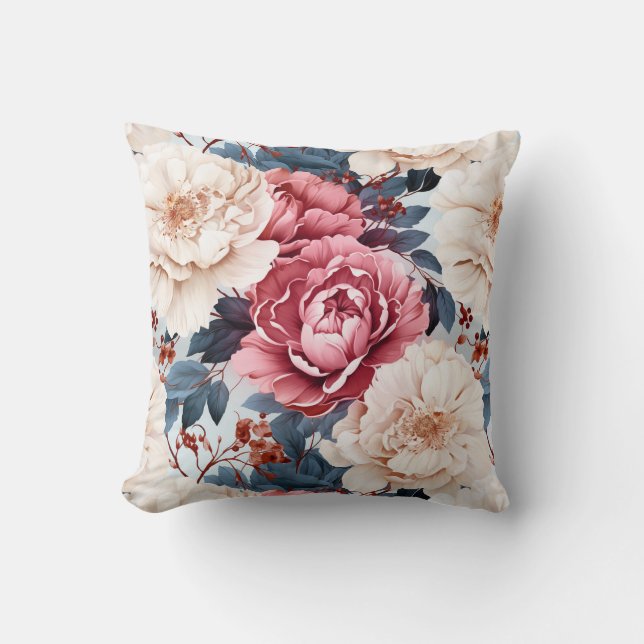 Roze Blauw elegant bloemenpatroon met rozen Kussen (Voorkant)