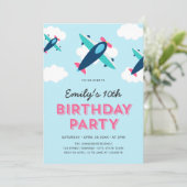 Roze, Blauw en Blauwgroen Vliegtuig Verjaardagsfee Kaart (Staand voorkant)