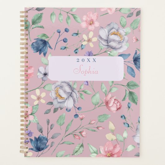 Roze Blauw en geel Floral Ontworpen Paars Planner (Voorkant)