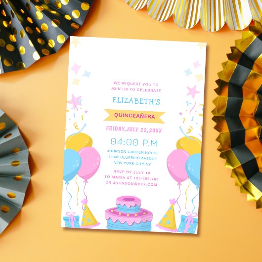 roze blauw en geel levendig kleurrijke quinceañera kaart