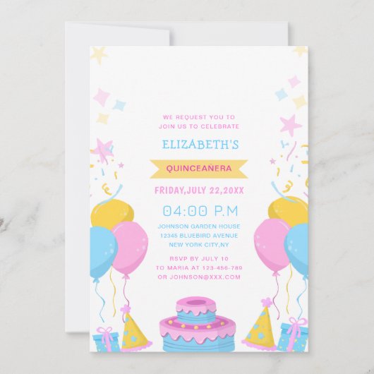 Roze blauw en geel levendige kleurrijke Quinceañer Kaart (Voorkant)