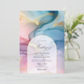 Roze, Blauw en Goud Alcohol Inkt Elegantie bruilof Kaart (Staand voorkant)