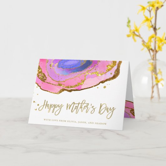 Roze Blauw en Goud Geode | Happy Moederdag Kaart (Gele Bloem)