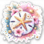 Roze, Blauw en Gouden Kust Zanddollar Strand Sticker (Voorkant)