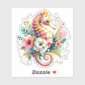 Roze, blauw en gouden kust zeepaard strand sticker (Vel)