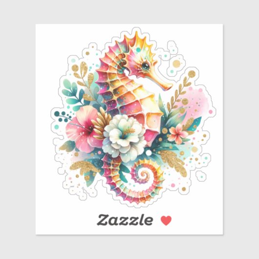 Roze, blauw en gouden kust zeepaard strand sticker (Vel)