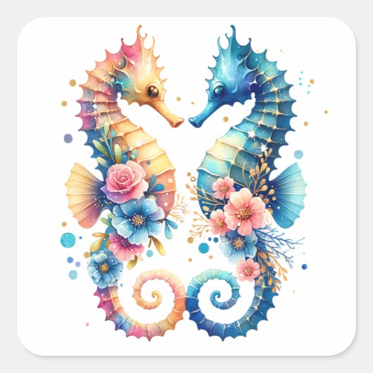 Roze, Blauw en Gouden Kust Zeepaard Strand Vierkante Sticker (Voorkant)