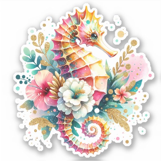 Roze, Blauw en Gouden Kust Zeepaardje Strand Sticker (Voorkant)