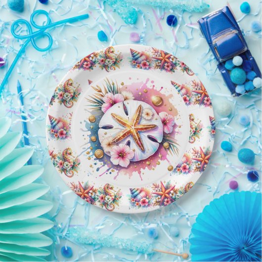 Roze, Blauw en Gouden Kustzanddollarstrand Papieren Bordje (Feest)
