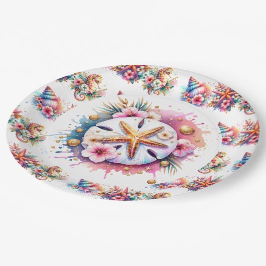 Roze, Blauw en Gouden Kustzanddollarstrand Papieren Bordje (Gekanteld)
