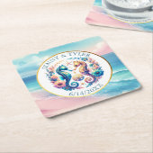 Roze, Blauw en Gouden Kustzeepaardje Beachy Kartonnen Onderzetters (Schuin)